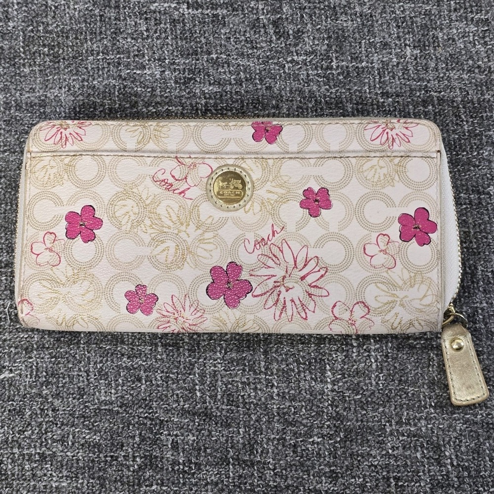 Coach Waverly Floral Accordion Zip Around Long Wallet Pink Flowers Gold